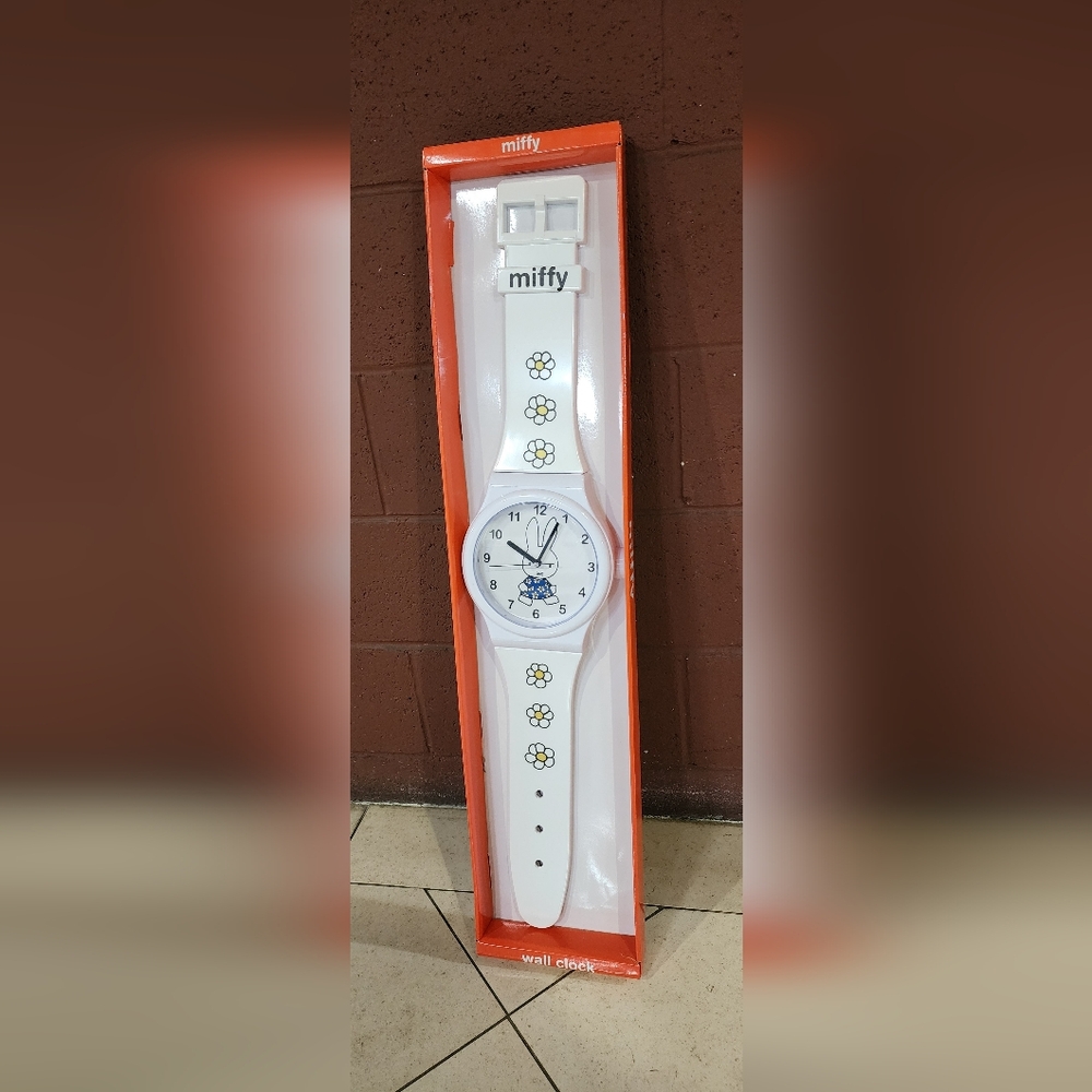 Miffy Watch Shaped Wall Clock White Flower Design NIB 36x8x2"